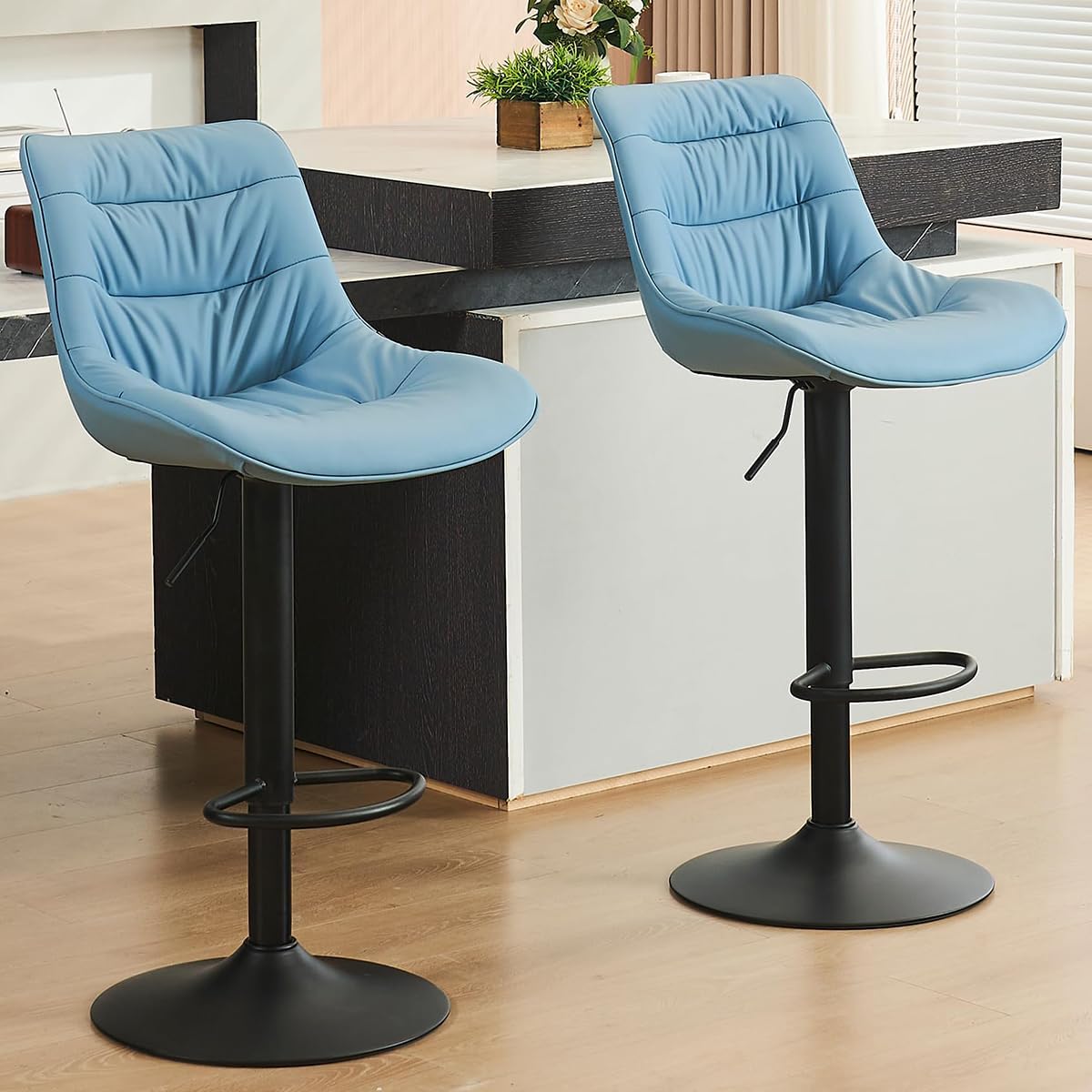 Kidol & Shellder Bar Stools Set of 2 Adjustable Swivel Blue, PU Leather Upholstered with Back, Modern Counter Height Stools for Kitchen Island, Home Bar