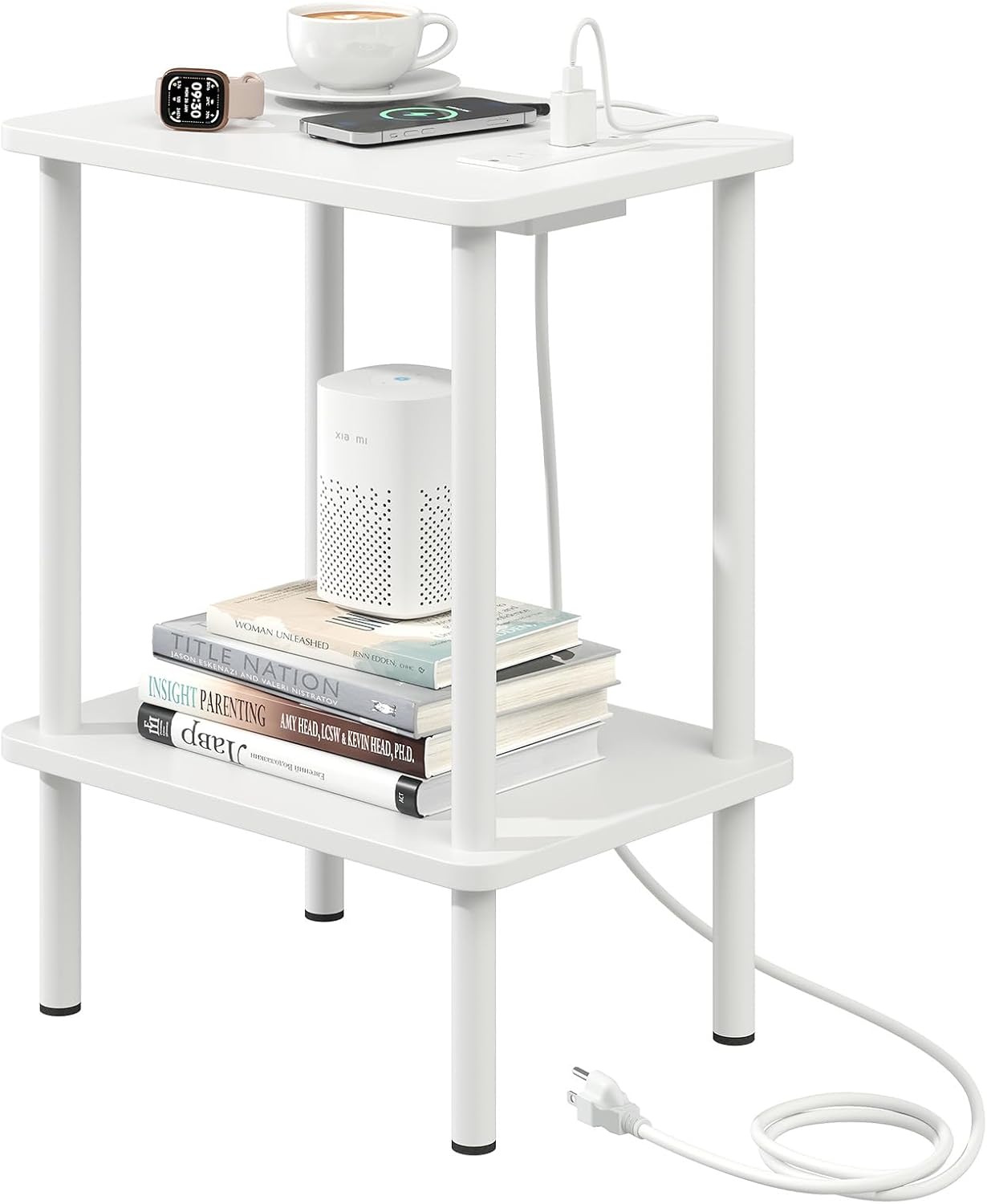 Apicizon 2 Tier End Table, Small Side Table with Charging Station, Boho Bedside Table with USB Ports and Outlets, Nightstand for Small Spaces, Bedroom, Living Room, Entryway, Easy Assembly, White