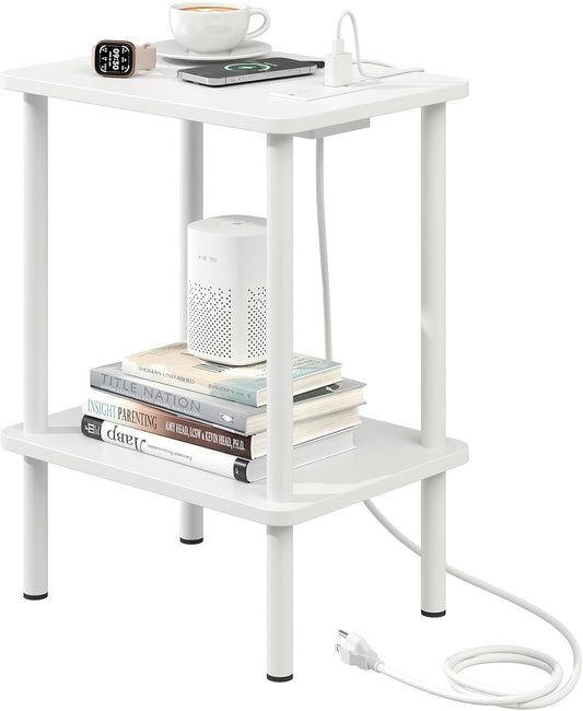 Apicizon 2 Tier End Table, Small Side Table with Charging Station, Boho Bedside Table with USB Ports and Outlets, Nightstand for Small Spaces, Bedroom, Living Room, Entryway, Easy Assembly, White