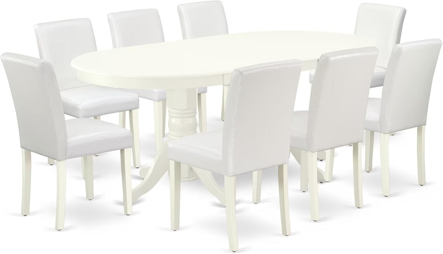 East West Furniture VAAB9-LWH-64 9 Piece Modern Dining Table Set Includes an Oval Wooden Table with Butterfly Leaf and 8 White Faux Leather Parson Dining Chairs, 40x76 Inch, Linen White