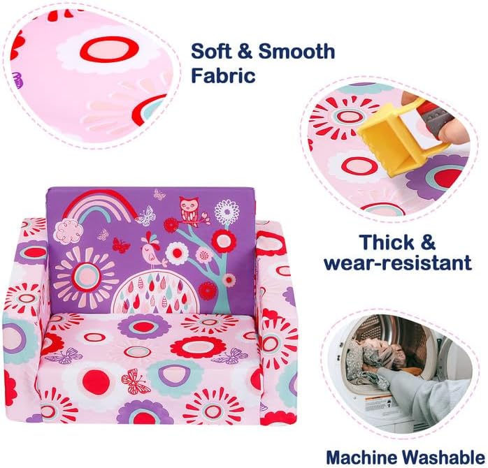 MallBest Kids Sofas Children's Sofa Bed Baby's Upholstered Couch Sleepover Chair Flipout Open Recliner(Pink/Flowers)