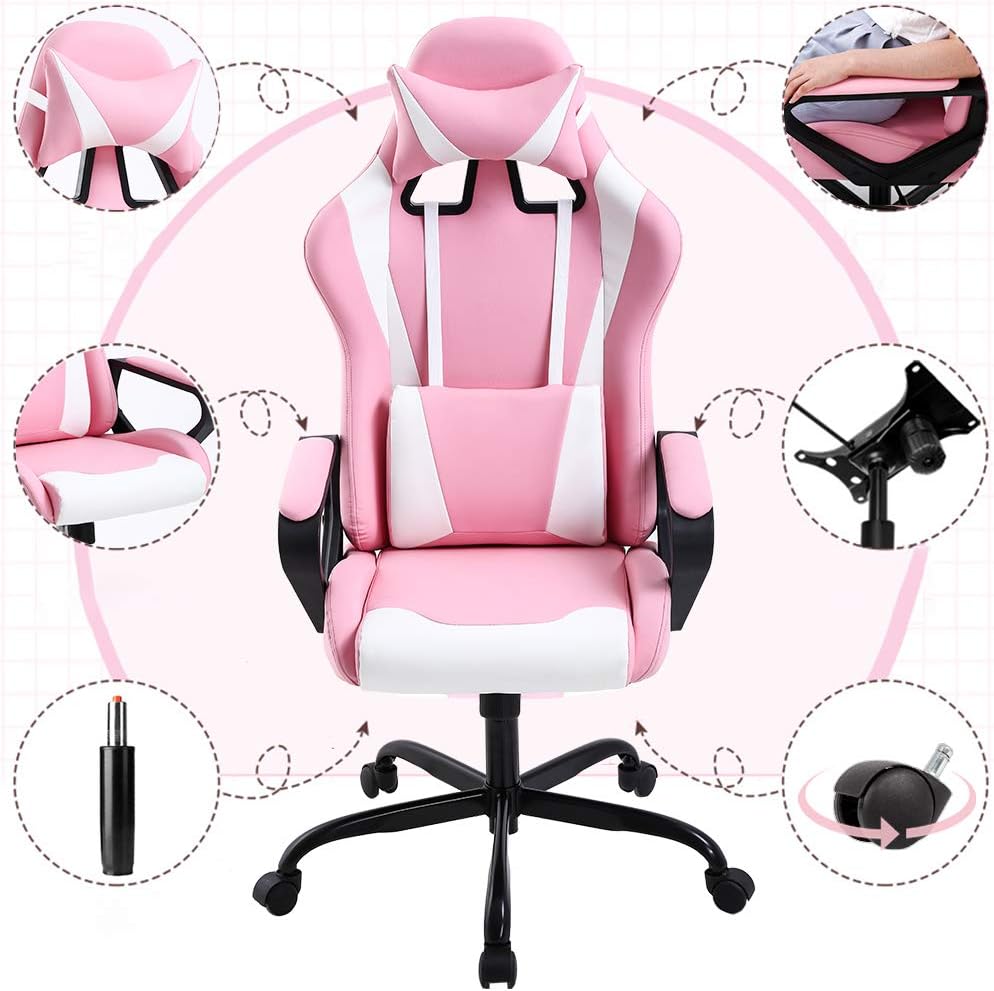 Gaming Chair Office Chair Desk Chair Ergonomic Executive Swivel Rolling Computer Chair with Lumbar Support, Pink