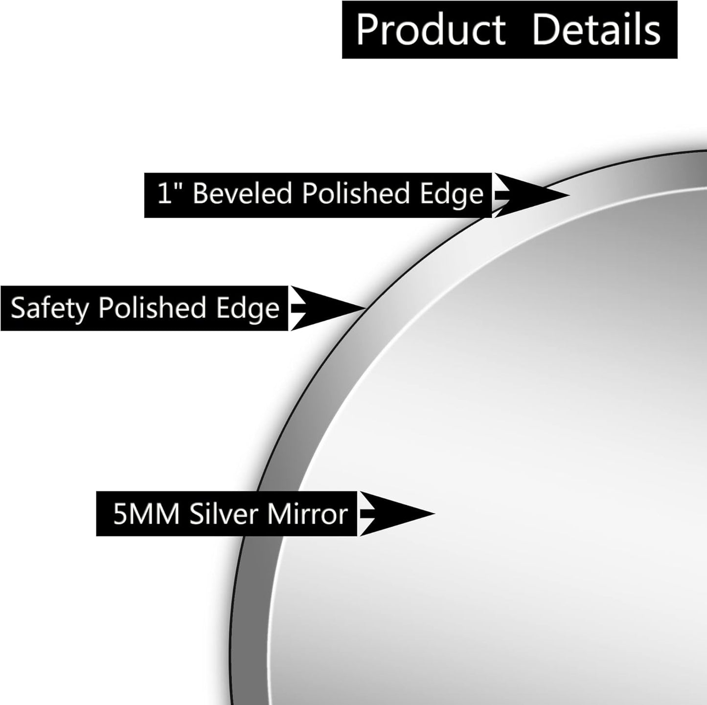 36" Frameless Beveled Round Mirror with 1" Edge for Bathroom, Entryways, Vanity, Wall Decor