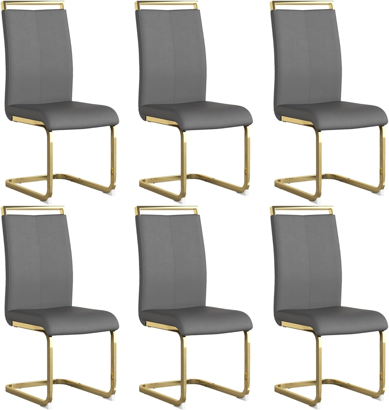 Modern Dining Chairs Set of 6,High Back Grey Kitchen Chairs,Faux Leather Side Chair with Gold Plated Metal Legs,Easy to Clean Upholstered Dining Chairs,Ideal for Living Room(Gold Leg)