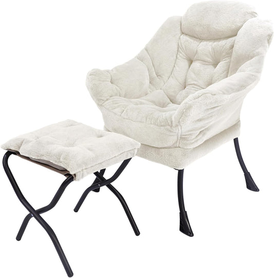 Lazy Chair with Folding Ottoman,Living Room Chairs, Accent Contemporary Lounge Chair, Single Steel Frame Leisure Sofa Chair with Armrests and A Side Pocket (TM3WHITE)