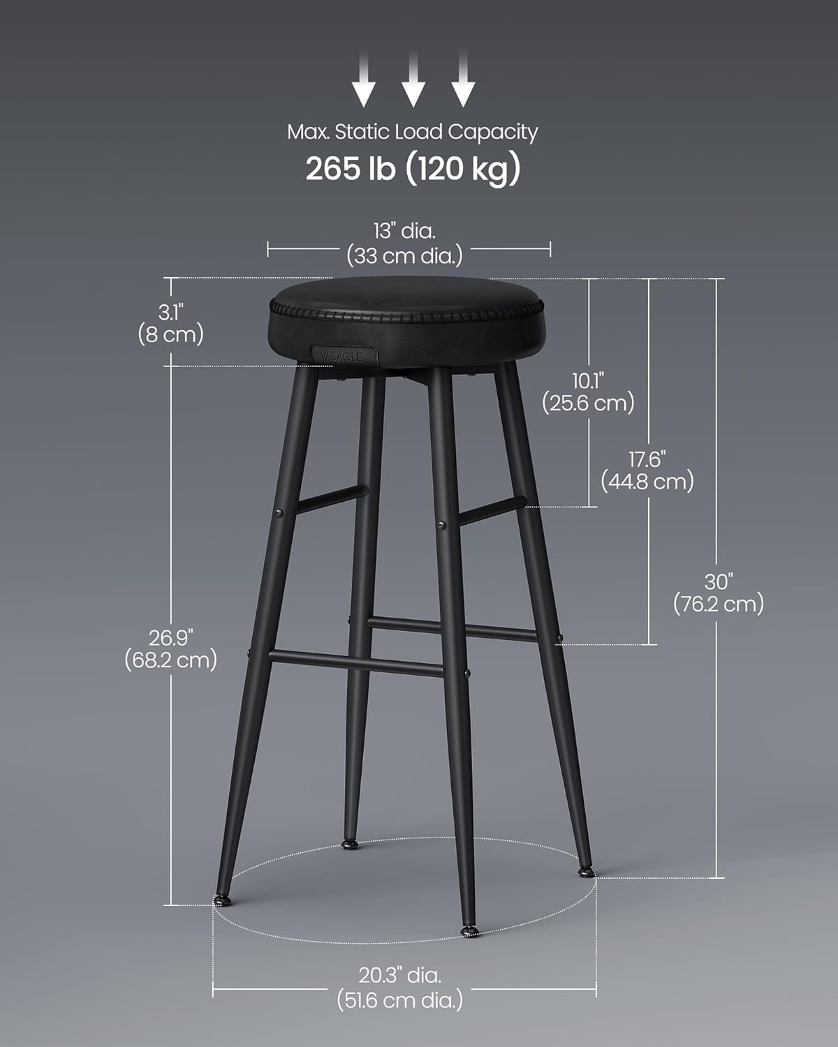 VASAGLE EKHO Collection - Bar Stools Set of 2, Bar Height Bar Stools, Kitchen Counter Stools, Mid-Century Modern Backless Counter Stools, 30-Inch Tall, Kitchen Island Home Bar, Ink Black