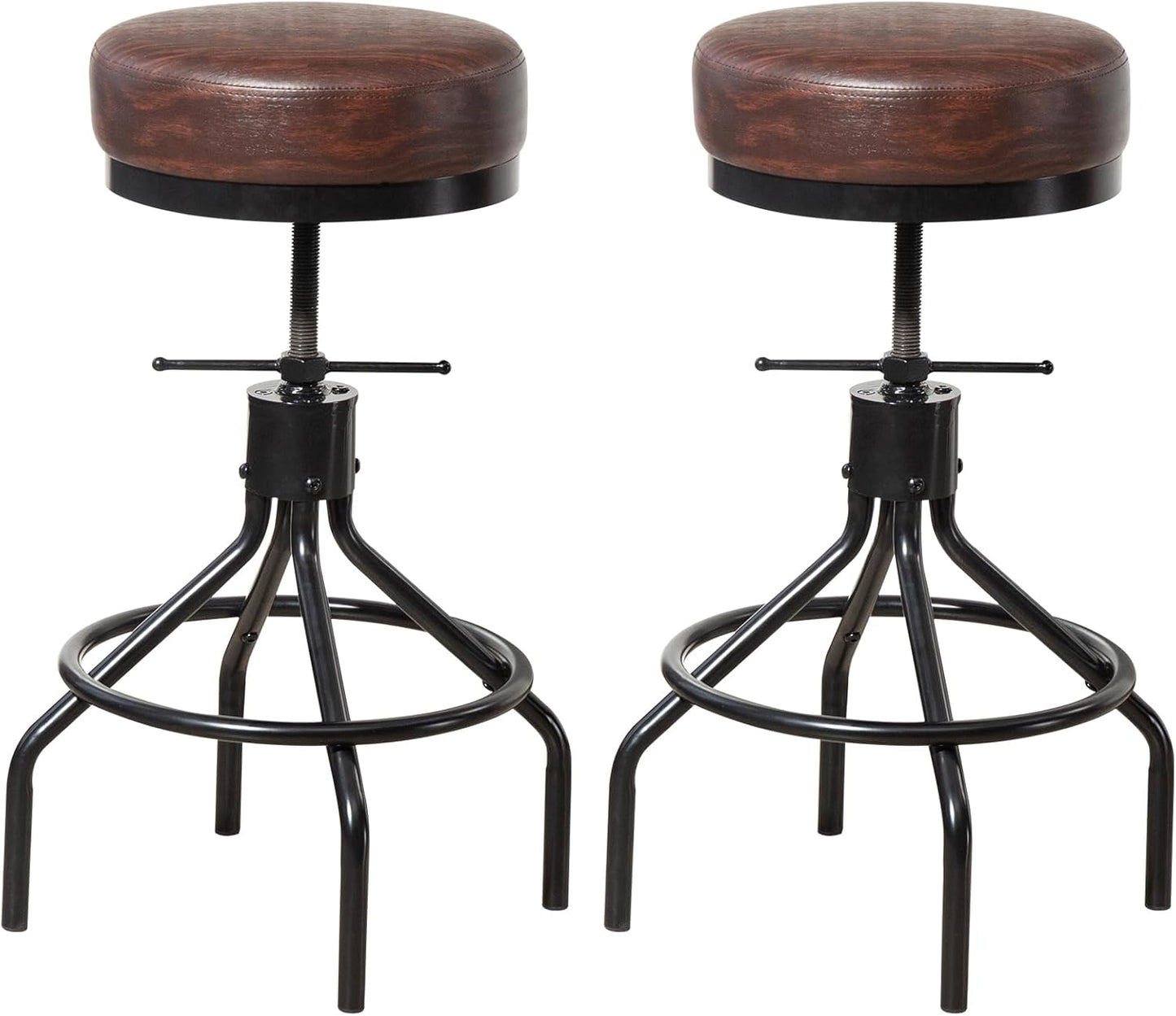 Industrial Barstools Set of 2 Adjustable Swivel Round Bar Stools Modern PU Leather 28inch Backless Counter Height Stool Metal Bar Chair for Kitchen Island (2, Walnut)