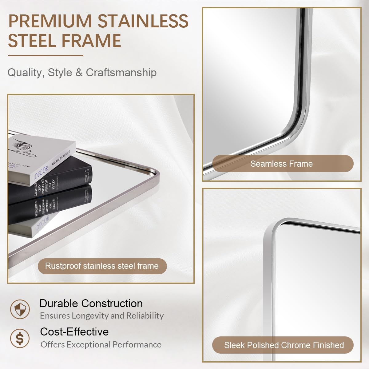 ANDY STAR 40x32 Inch Chrome Mirror for Bathroom, Chrome Bathroom Vanity Mirror, Rounded Rectangle Mirror, Anti-Rust SUS304, Seamless Tube Metal Frame, 1’’ Deep Wall Mounted Vertically/Horizontal