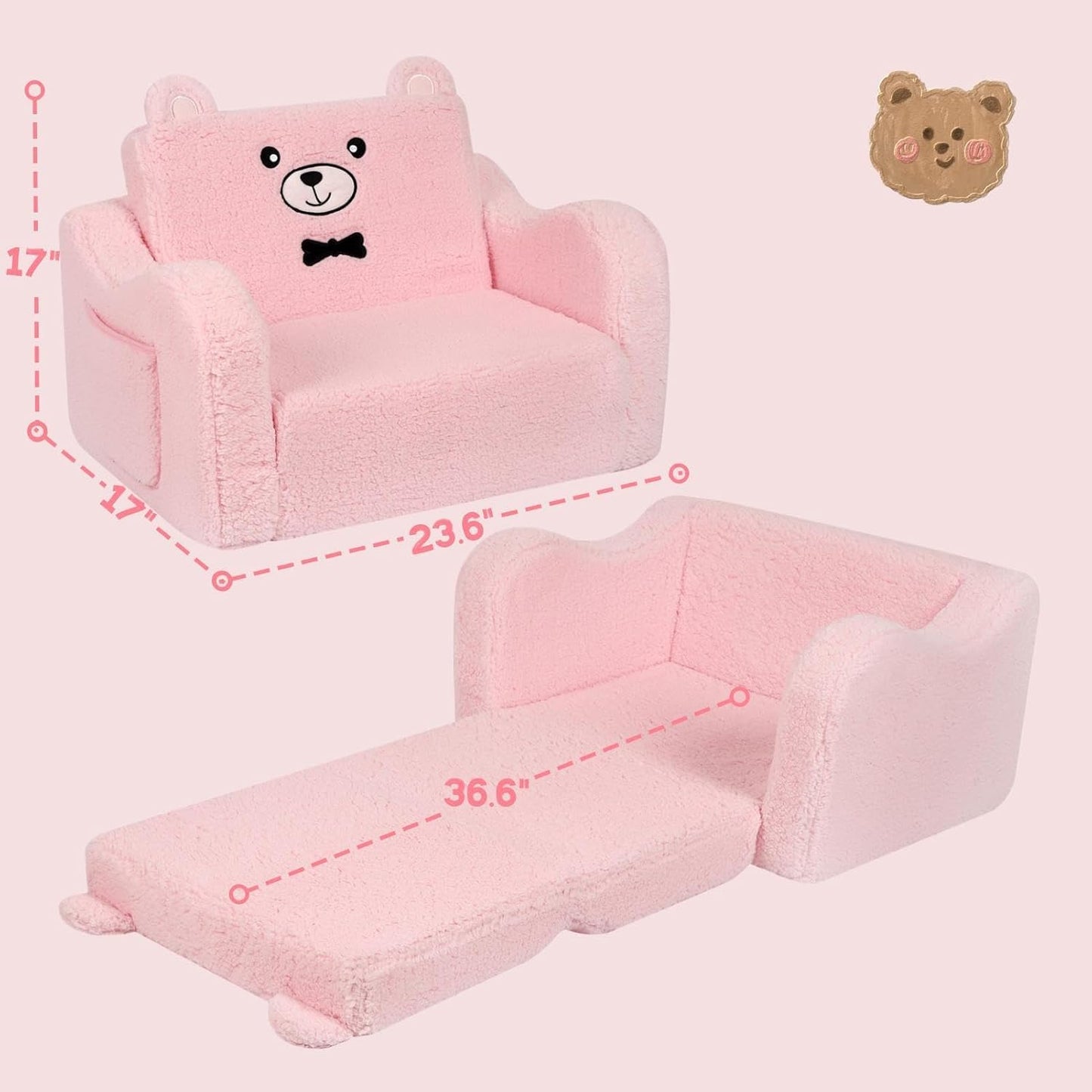 Kids Chairs for Toddler, 2-in-1 Toddler Soft Sherpa Couch Fold Out, Convertible Sofa to Lounger for Girls and Boys, Teddy Bear, Pink