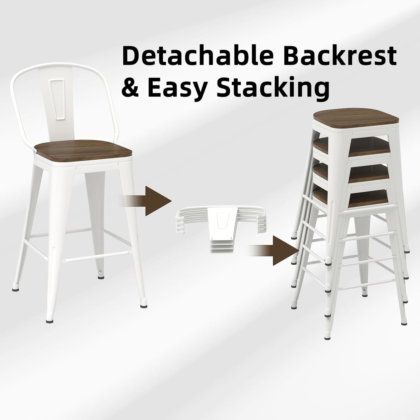 24” Swivel Bar Stools Set of 4, Counter Height Bar Stools Wooden Seat, Metal Industrial Bar Chairs with High Back for Kitchen Island (White)