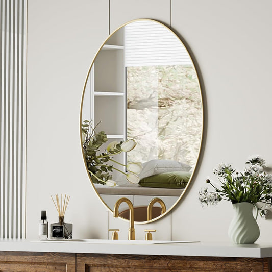 Koonmi Gold Oval Bathroom Mirror, 26"x38" Bathroom Vanity Mirror, Oval Mirror for Bedroom Living Room Entryway, Hangs Horizontal or Vertical