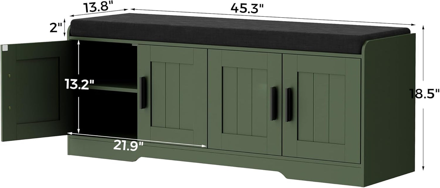 2-Tier Storage Bench, Shoe Bench with Thickened Padded Seat Cushion, Entryway Bench with 4 Doors, Adjustable Shelf, 13.8" D x 45.3" W x 18.5" H, for Entryway, Living Room, Bedroom, Green