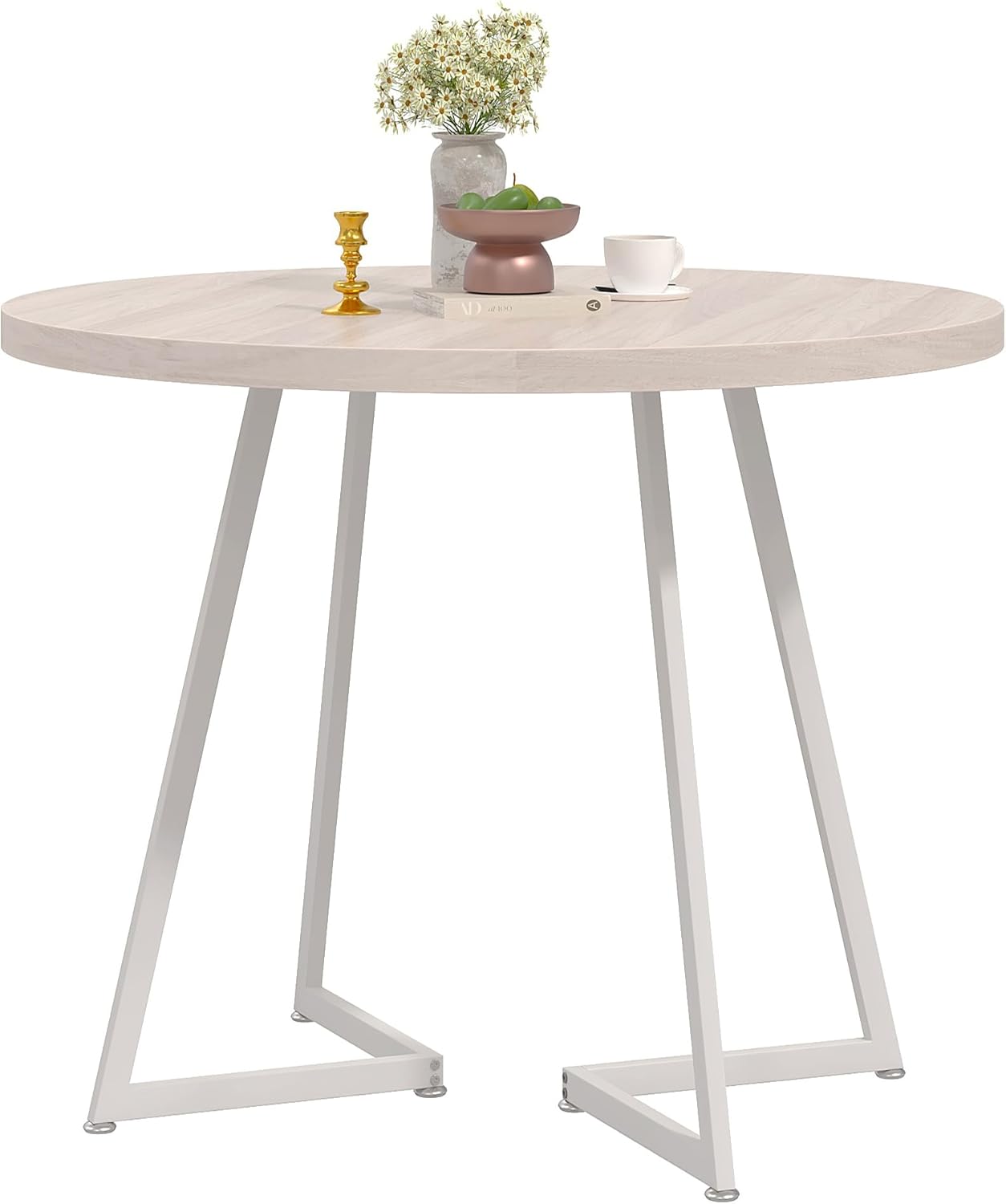 VECELO 35" Round Dining Table for 4, Wood-Grain Tabletop & Heavy-Duty Steel Frame, for Kitchen, Living Room, Easy Assembly, Natural & White