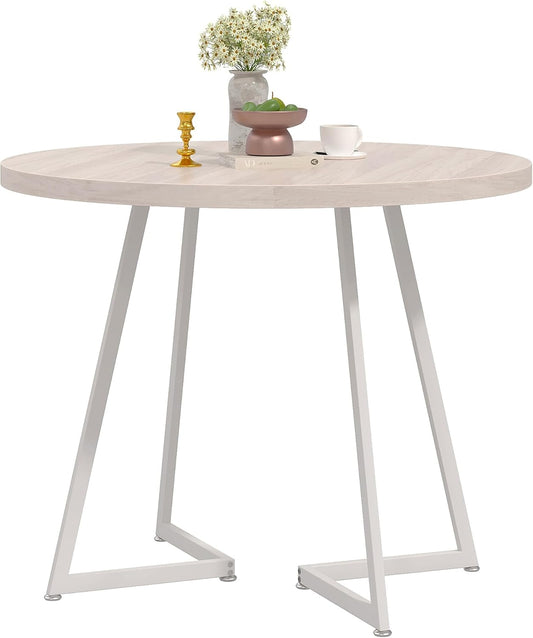 VECELO 35" Round Dining Table for 4, Wood-Grain Tabletop & Heavy-Duty Steel Frame, for Kitchen, Living Room, Easy Assembly, Natural & White