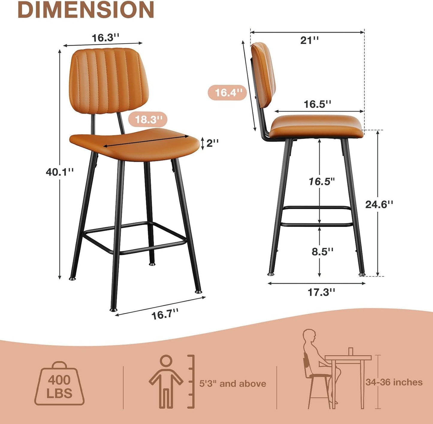 24-Inch Leather Bar Stools Set of 2, Counter Height Barstools with High Backrest，Bar Chairs for Kitchen Island with Heavy Duty Metal Legs, Brown
