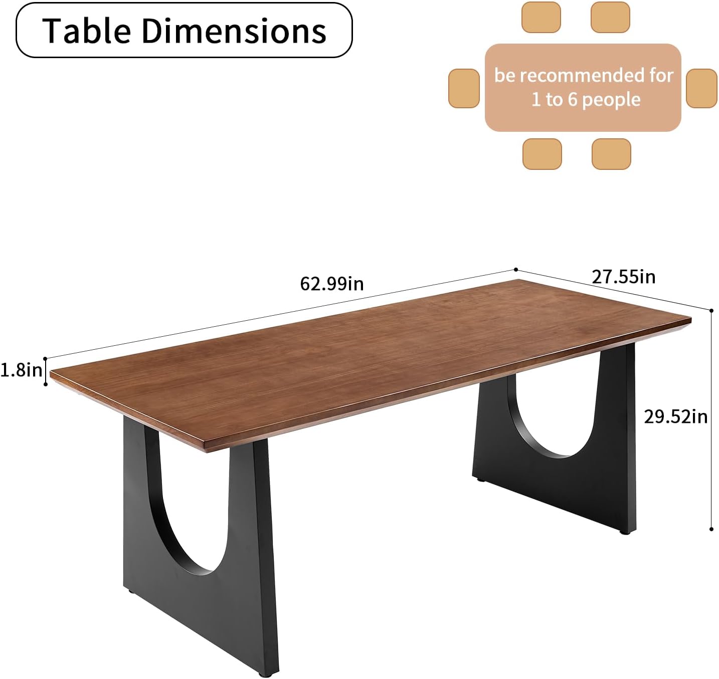 Wooden Executive Office Desk Computer Table Multi-Sized High Cost Performance Stylish Design Metal Legs Versatile Use for Office or Dining Casual Table (Walnut Color, 62.99in)