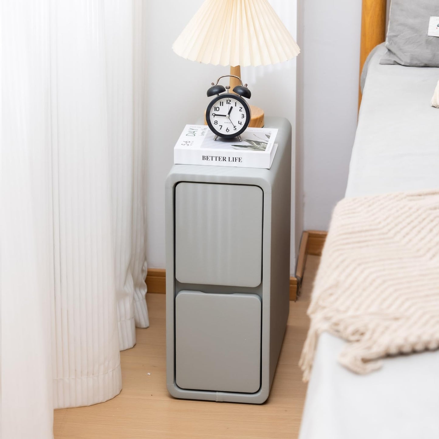 Narrow Nightstand, Solid Wood Night Stand for Small Spaces, Couch, Gray Color 7.87in Wide