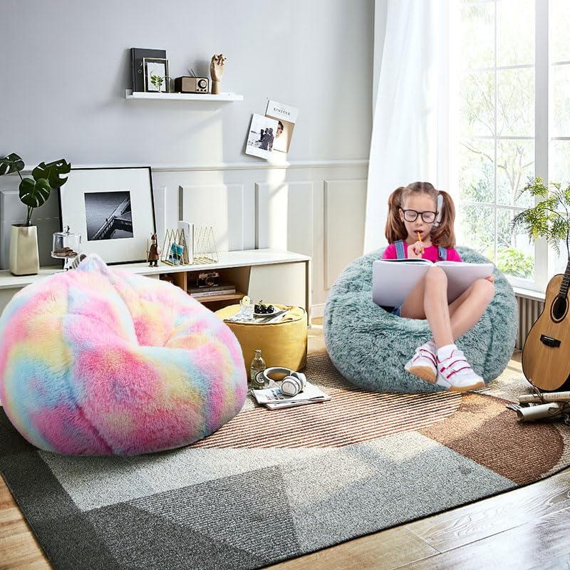Fluffy Bean Bag Chair for Kids, 2.5FT Round Memory Foam Filled Bean Bag for Teens & Kids, Ultra Soft Faux Fur Fabric Bean Bag Chairs for Playroom, Living Room, Bedroom, Dark Green