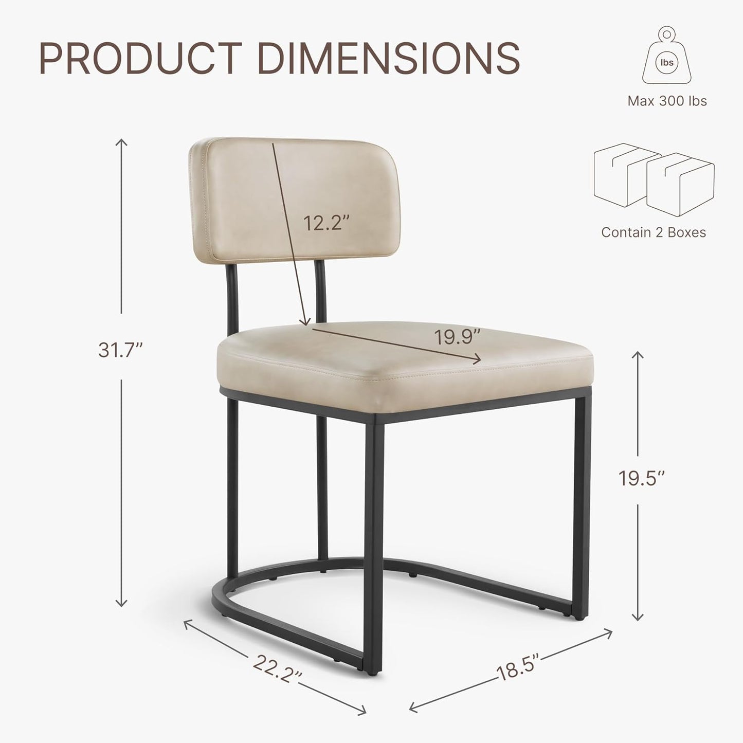 Dining Chairs Set of 4, Upholstered Modern Kitchen Chairs with Ergonomic Backrest, Faux Leather Cushion Seat & Metal Legs for Living Room, Restaurant, and Café, Beige, 2 Boxs