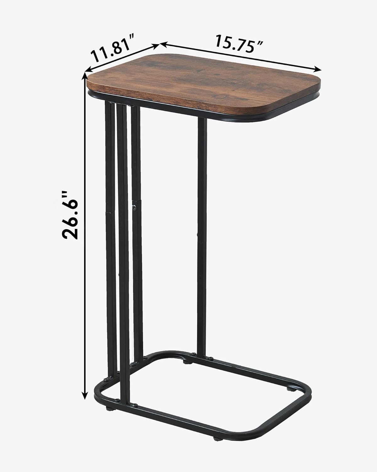 C Shaped End Table, 27 Inches High Small Side Table for Sofa and Bed, Couch Table That Slides Under, Tall Tv Tray Table for Living Room, Bedroom, Metal Frame, Rustic Brown & Black