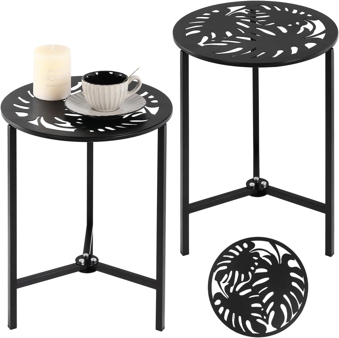 2 Packs 13" Metal Outdoor Side Tables Small Black Outside End Table for Patio Round Accent Corner Stand for Small Spaces Weather-Resistant Coffee Table for Balcony Porch Plant Stand, Monstera Leaf
