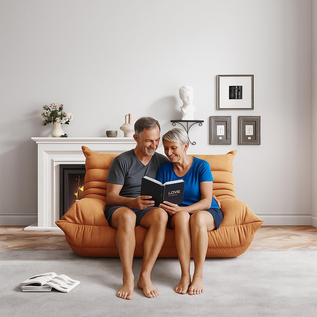 Bean Bag Chairs for Adults, Memory Foam Couch Loveseat Sofa Chair, Soft Teddy Material Cozy Comfy Reading Nook Chairs, Floor Chair for Living Room Bedroom Office(Orange)