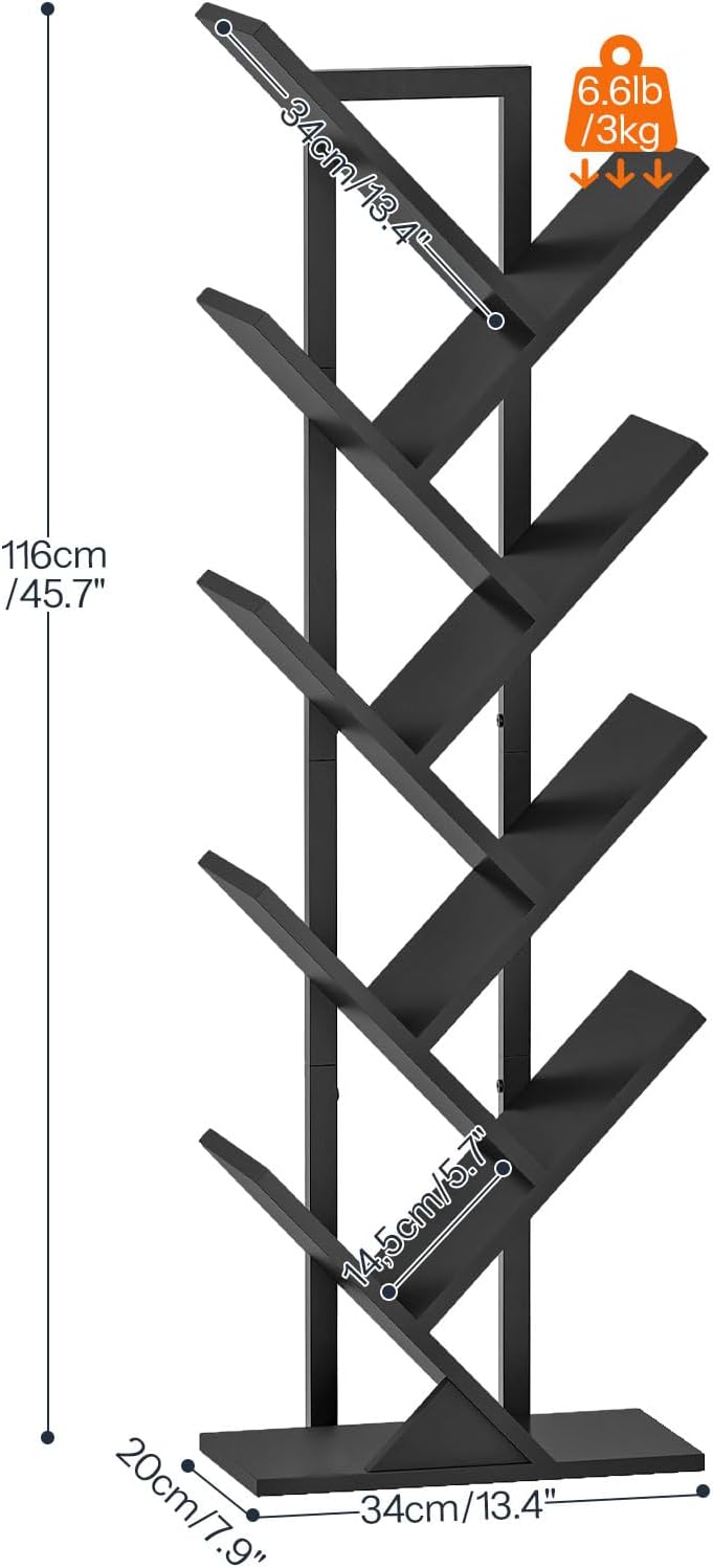 HOOBRO Tree Bookshelf, 9-Tier Tree Bookshelf with Lights, Space-Saving Book Shelf, Holds Books, CDs, Floor Standing Bookcase for Office, Living Room, Bedroom, Black BB08DSJ01