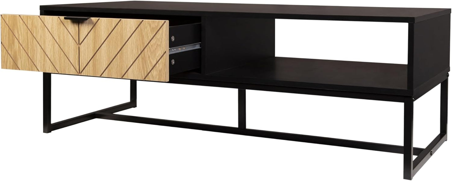 AC Pacific Bali Coastal Modern TV Stand with Storage Cubby and Natural Wood Drawer, Stylish and Functional Entertainment Center for Living Room or Bedroom, 47" Long, Black