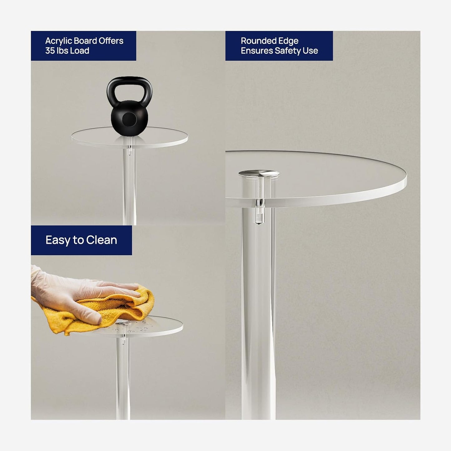 HMYHUM Acrylic Drink Table for Small Spaces, 10" L x 10" W x 21.3" H, Drink Side/End Table for Living Room, Round, Easy Assembly, Clear