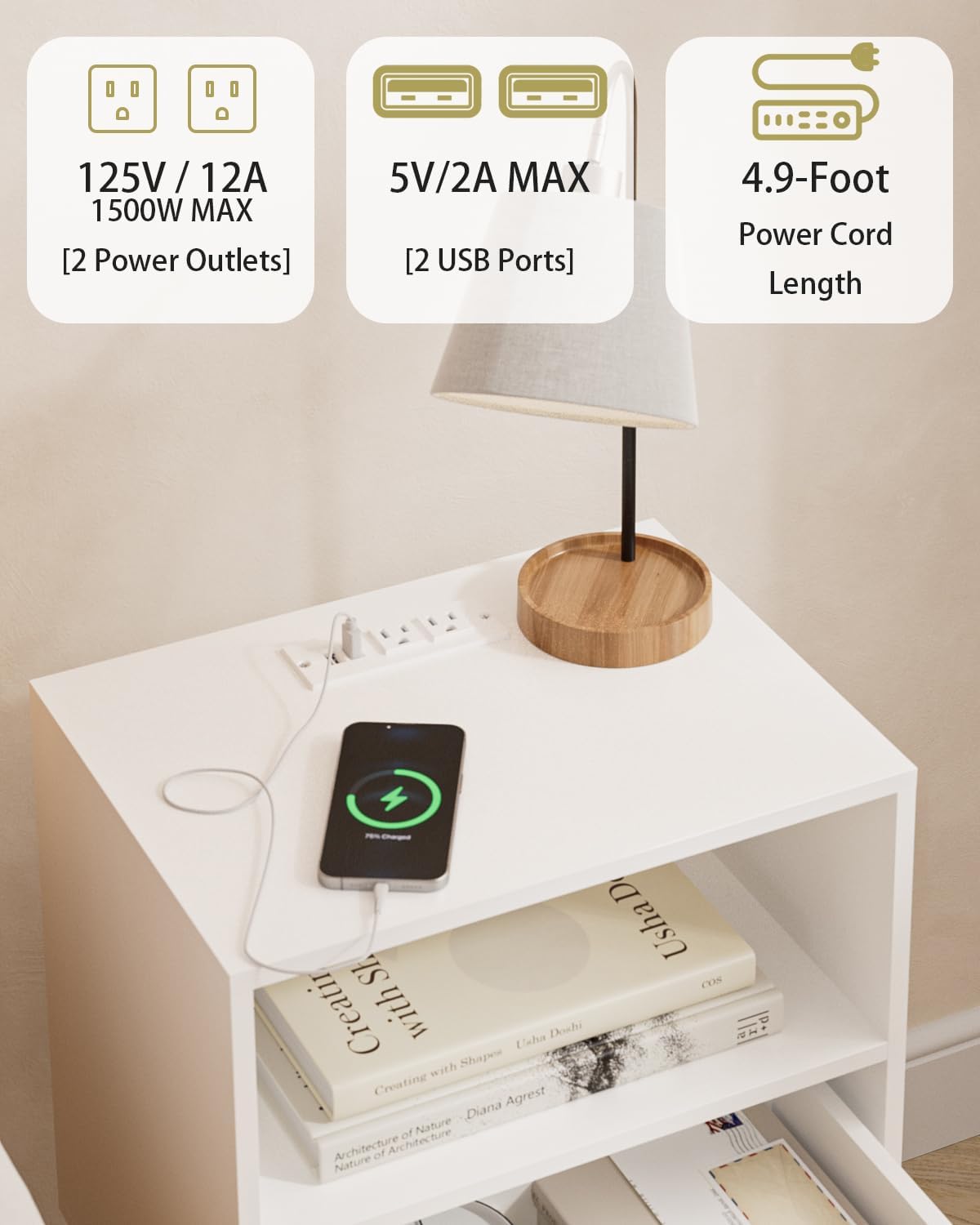 Bedroom Nightstands Wooden Night Stands with Rattan Weaving Drawer Home Bedside End Table for Bedroom Storage (Modern-White)