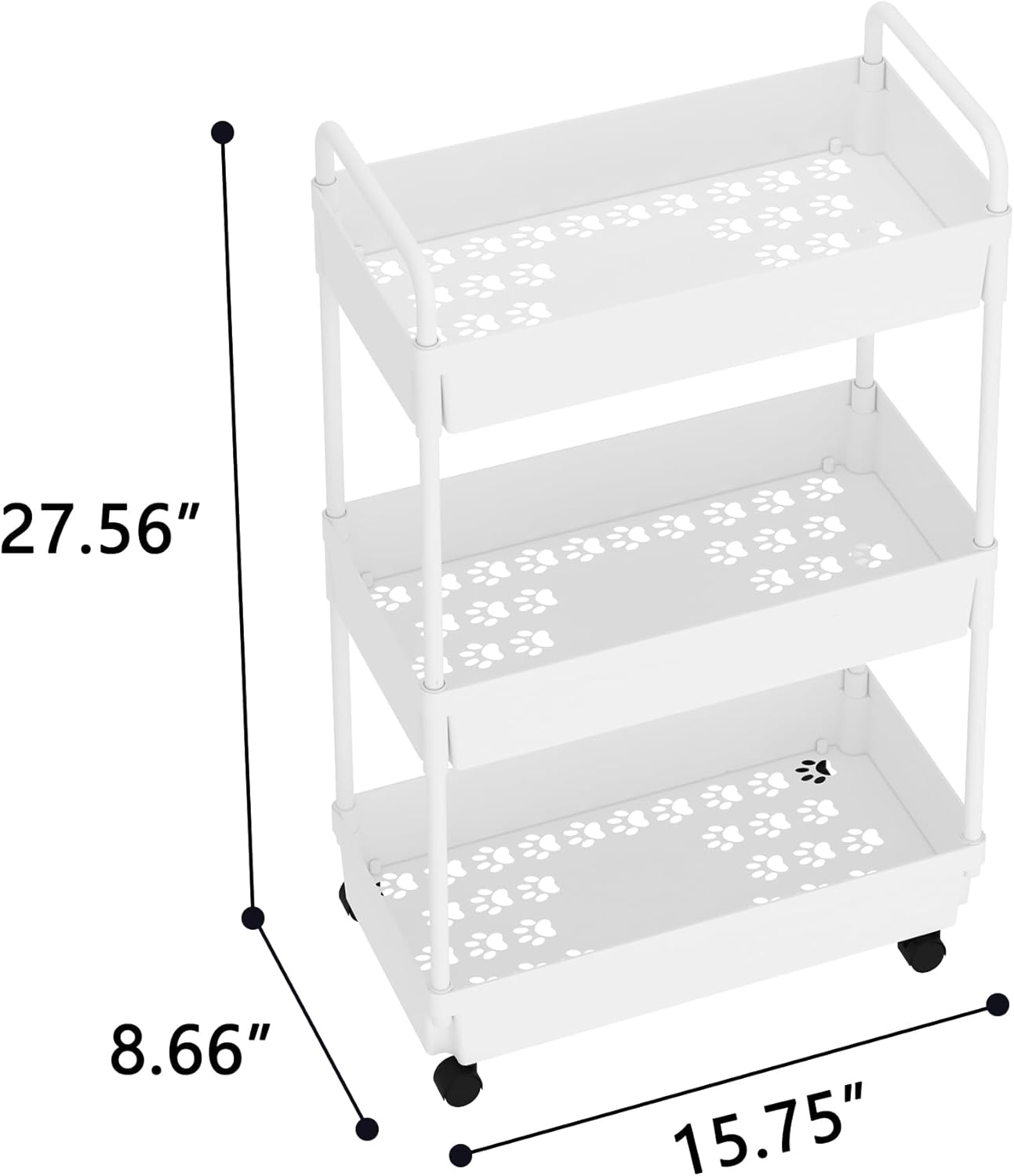 3-Tier Storage Cart，Shelf Organizer Mobile Shelving ，Utility Rolling Cart，Multifunction Movable Storage Organizer with Lockable Wheels,White