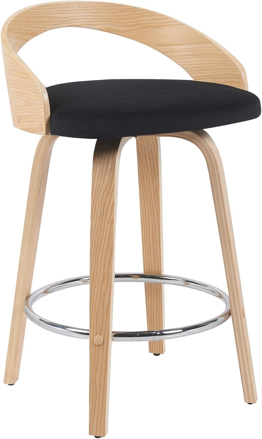 Armen Living Sonia Modern Swivel Counter Height Bar Stool with Black Upholstered Seat and Patterned Oak Wood Finish