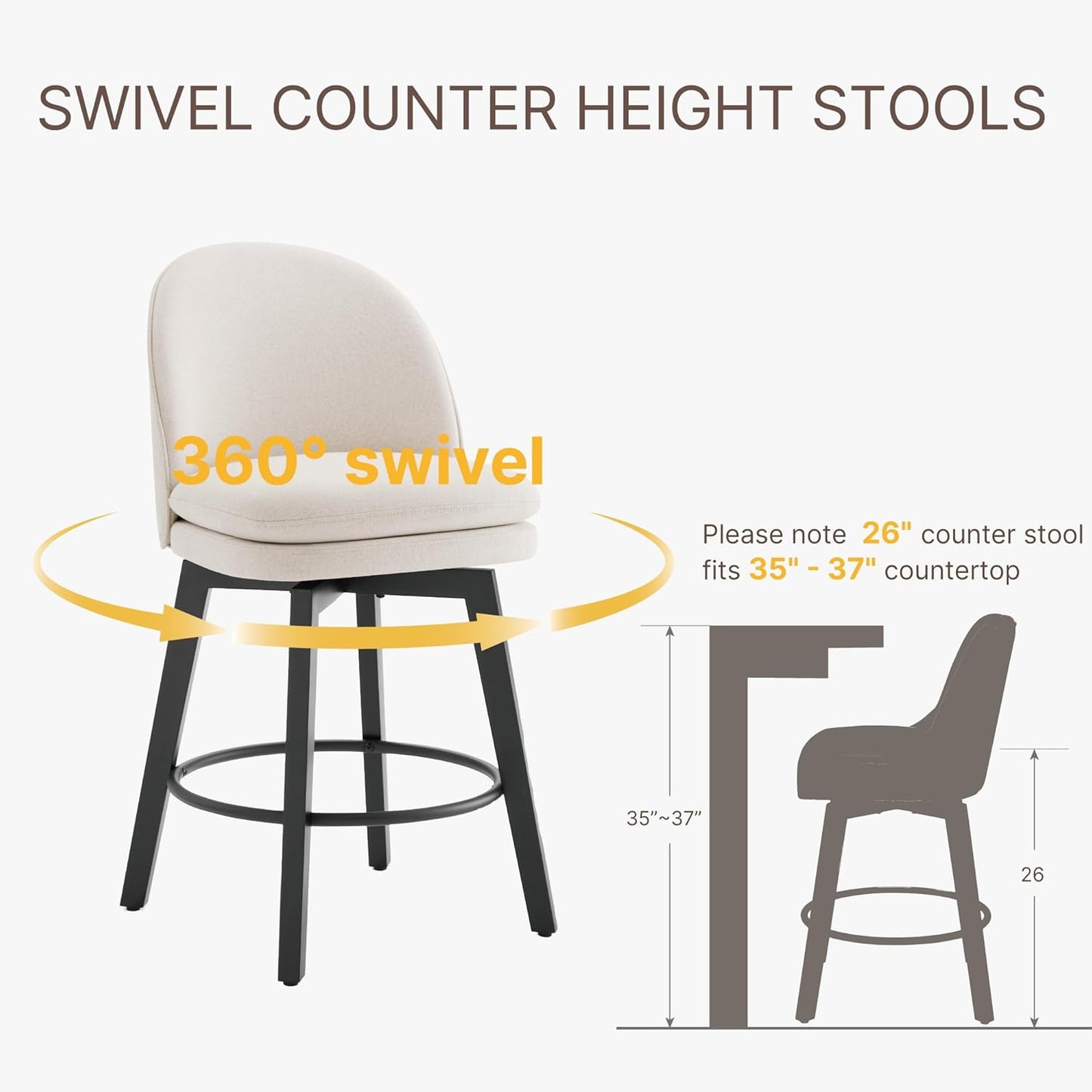 Counter Height Barstools 26 inch Upholstered Swivel Bar Stools with Back and Wood Legs for Kitchen Island,Set of 4,Beige Fabric-Armless