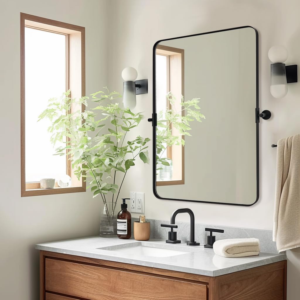 MOON MIRROR Matte Black Rounded Rectangle Pivot Mirror for Bathroom, Vanity, Overall 26.33x30 in (Without Bracket 22x30 in), Hangs Vertical Only