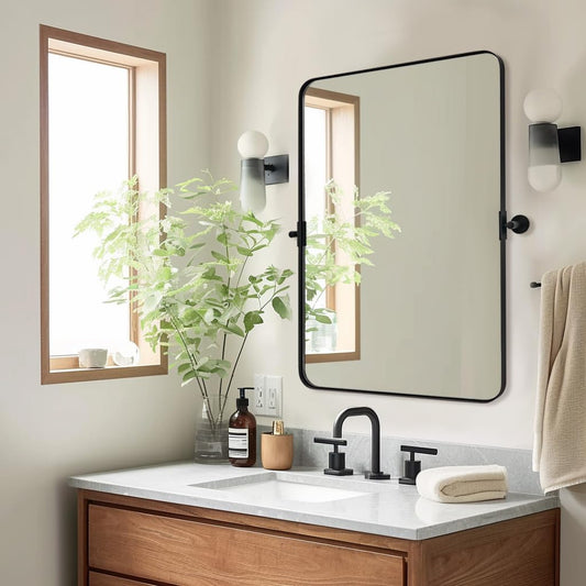 MOON MIRROR Matte Black Rounded Rectangle Pivot Mirror for Bathroom, Vanity, Overall 26.33x30 in (Without Bracket 22x30 in), Hangs Vertical Only