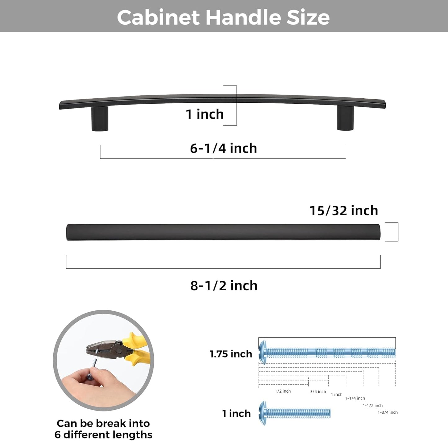 25 Pack Cabinet Handles 6.25" Hole Center - Curved Cabinet Pulls Black Drawer Pulls for Kitchen Cupboard Solid Hardware for Dresser Drawer Arch Hardware
