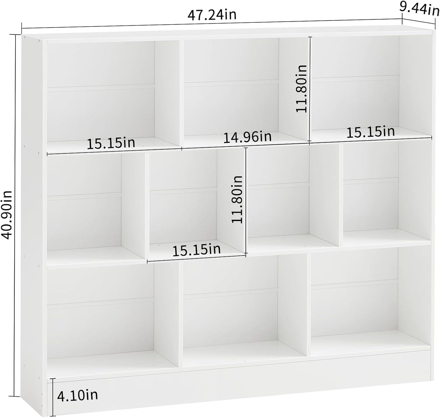 YAHARBO White 10 Cube Bookshelf,3 Tier Modern Horizontal Bookcase,Wooden Low Book Shelf Display Storage Cabinet with Base,Floor Standing Short Bookshelves Open Organizer for Bedroom,Living Room,Office
