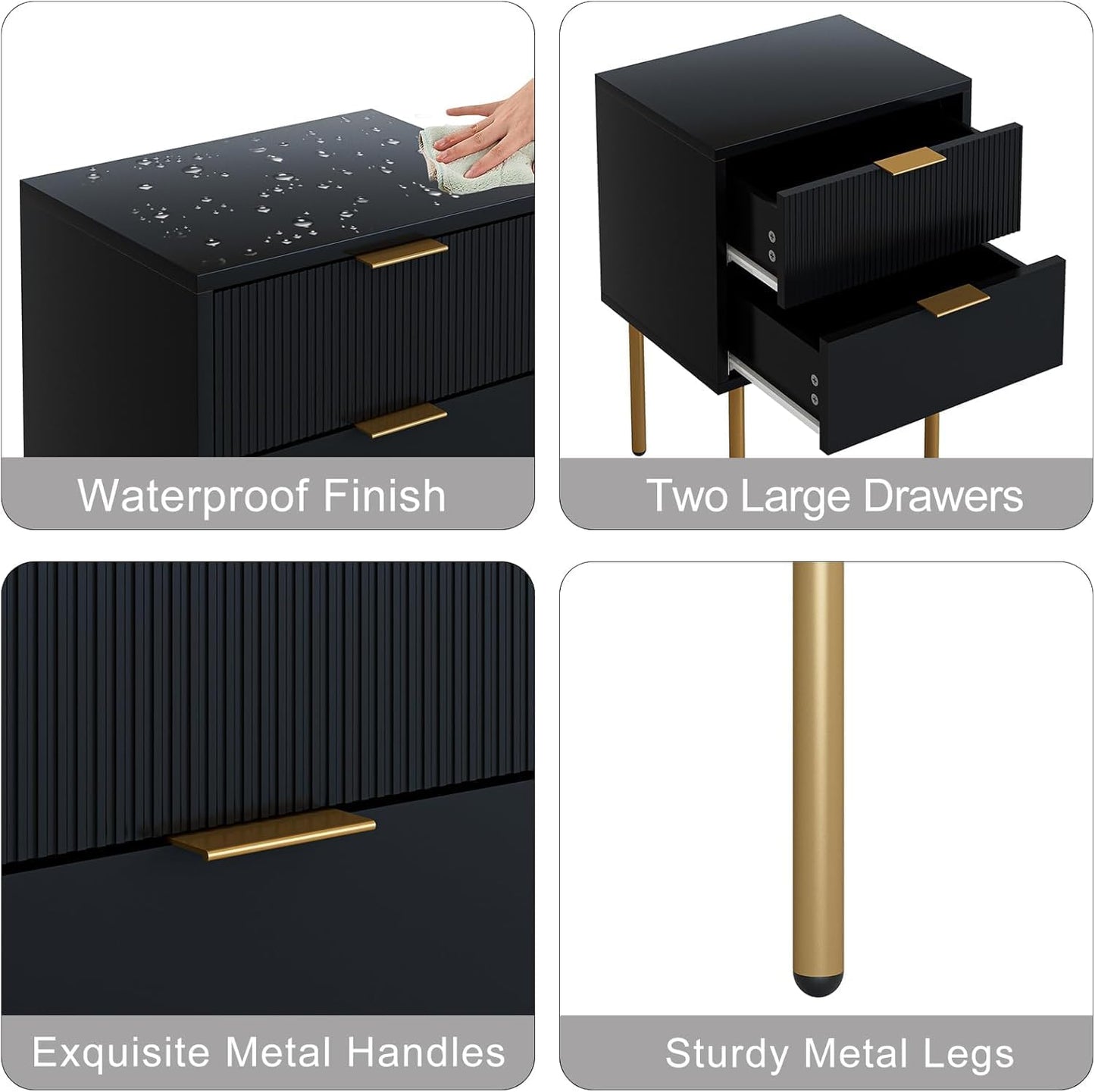 Nightstand,Small Bedside Table with Gold Frame,Morden Night Stand with 2 Drawer,End Table,Side Table with Drawer and Shelf for Bedroom,Living Room, Black