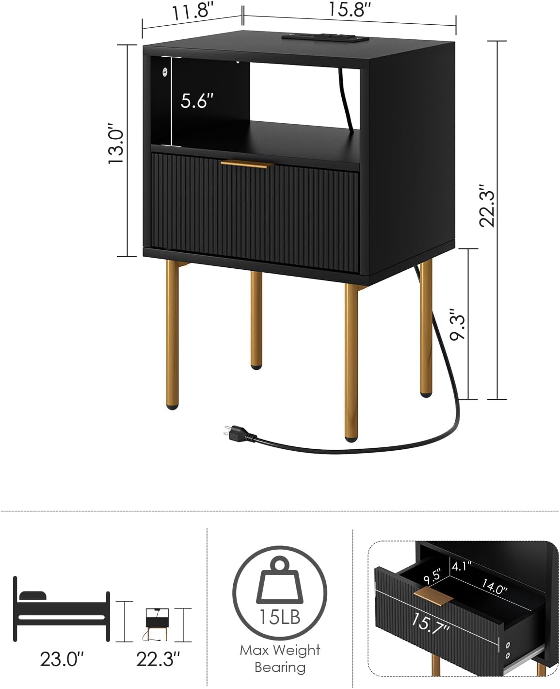 Nightstand,Small Bedside Table with Gold Frame,Morden Night Stand with 2 Drawer,End Table,Side Table with Drawer and Shelf for Bedroom,Living Room (Black-1Drawer-Outlet)
