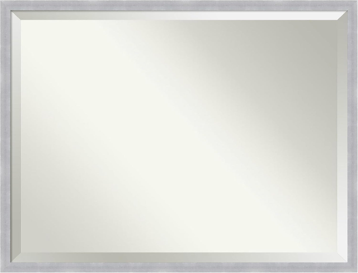 Amanti Art Silver Bathroom Mirror for Over Sink, 32x42 Grace Brushed Nickel Narrow Rectangle Vanity Mirror, X-Large Modern Frame, Hangs Horizonally and Vertically, Bathroom Wall Decor, Beveled Edge