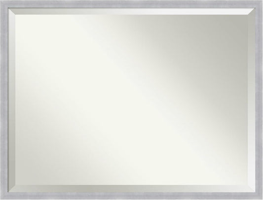 Amanti Art Silver Bathroom Mirror for Over Sink, 32x42 Grace Brushed Nickel Narrow Rectangle Vanity Mirror, X-Large Modern Frame, Hangs Horizonally and Vertically, Bathroom Wall Decor, Beveled Edge