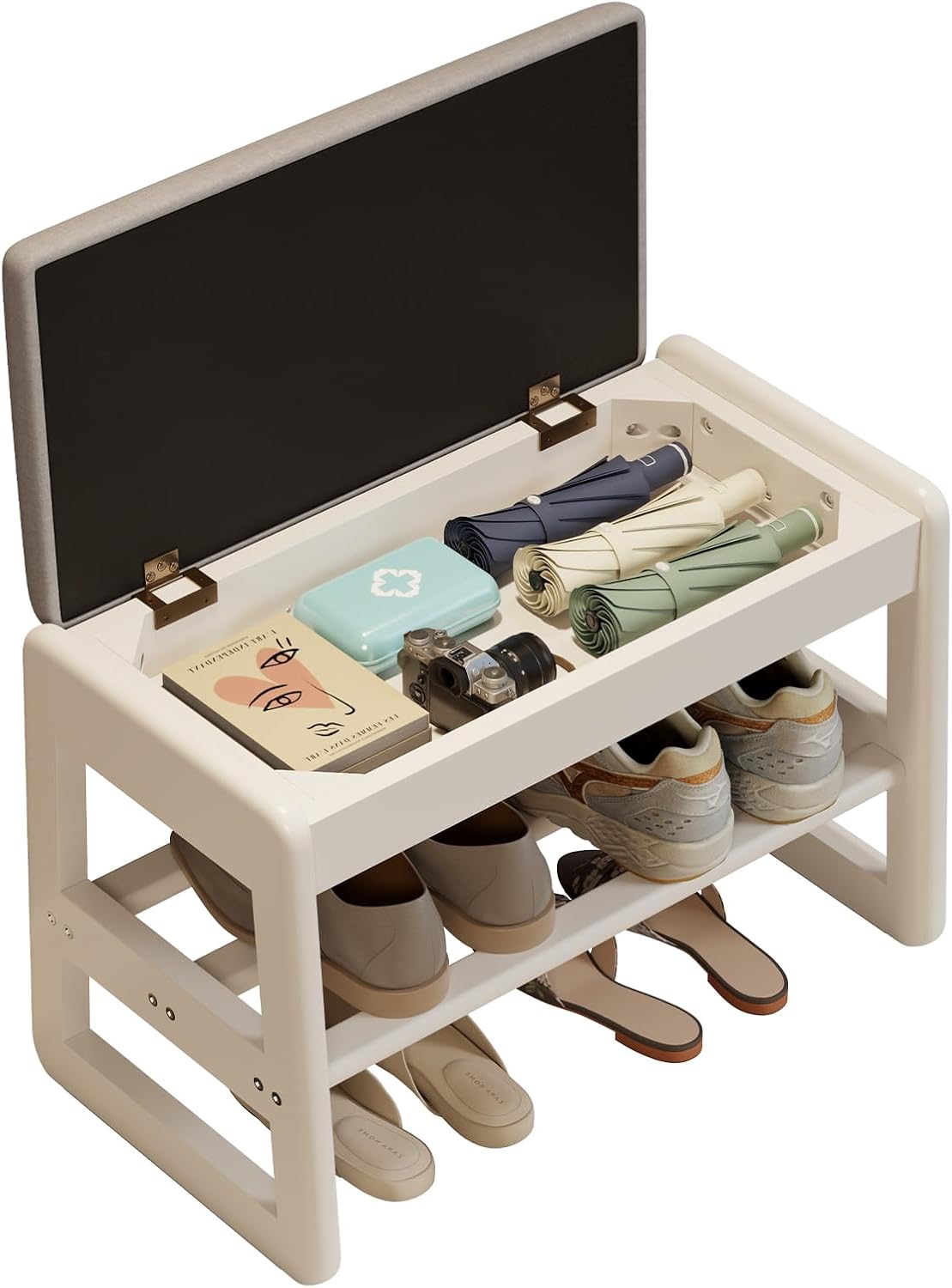 Small Shoe Bench with Cushion,2 Tiers Shoe Rack Bench with Flip-Top Storage,Wood Shoe Rack for Entryway（White,23.62"）