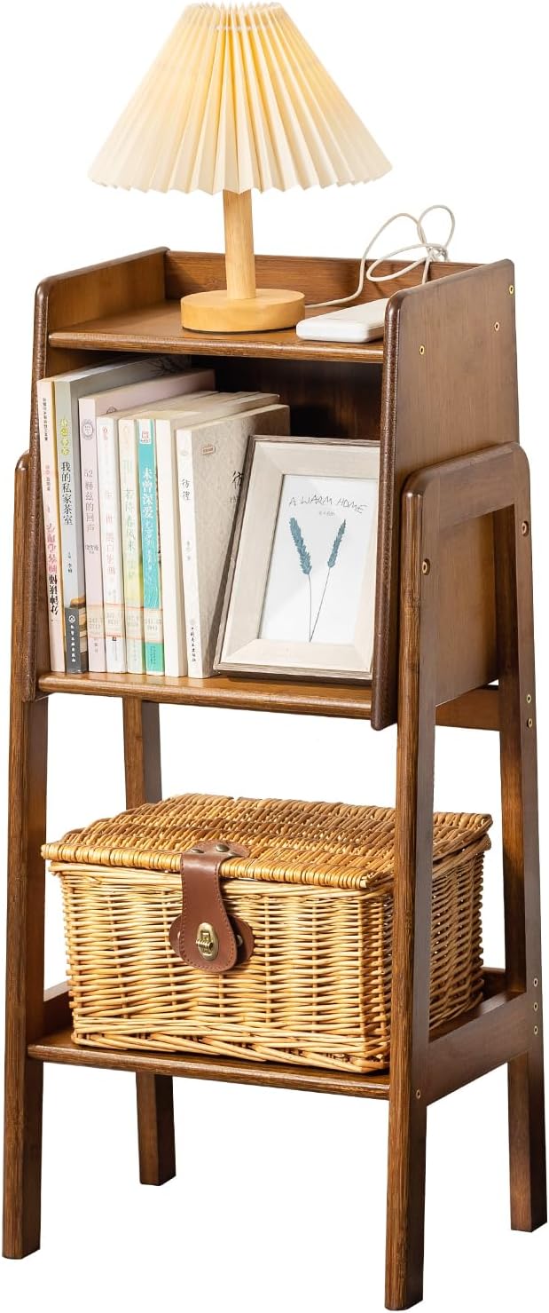 Welnow Bamboo Bookcase with Cabinet, Natural End Table with 1-Tier Storage Shelf, Modern Bedside Organizer Side Table for Bedroom or Living Room, Walnut Bookshelf with Open Space