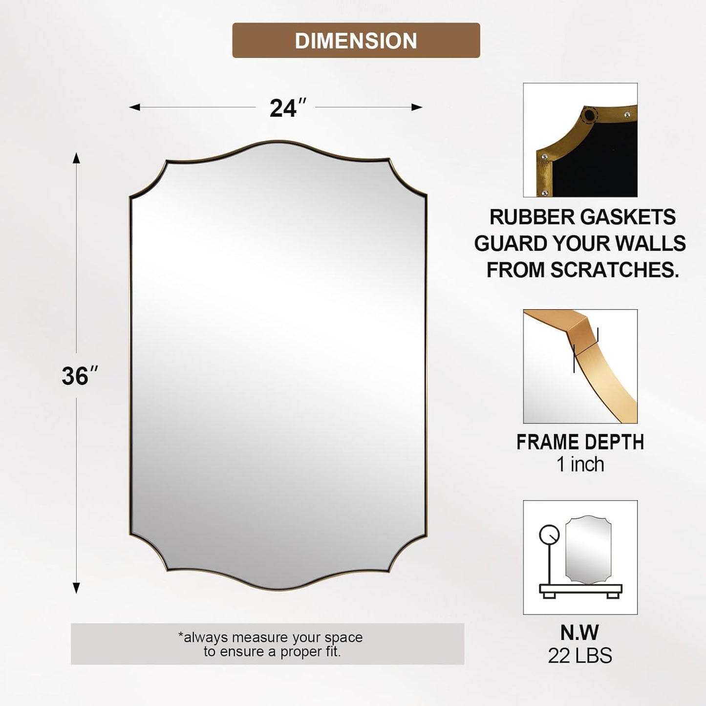 ANDY STAR Bathroom Vanity Mirror, 24x36 Irregular Wall Mirror, Gold Antique Mirror for Bathroom, Asymmetrical Mirror in Anti-Rust Stainless Steel Metal Frame, Wall Mount Horizontal or Vertical