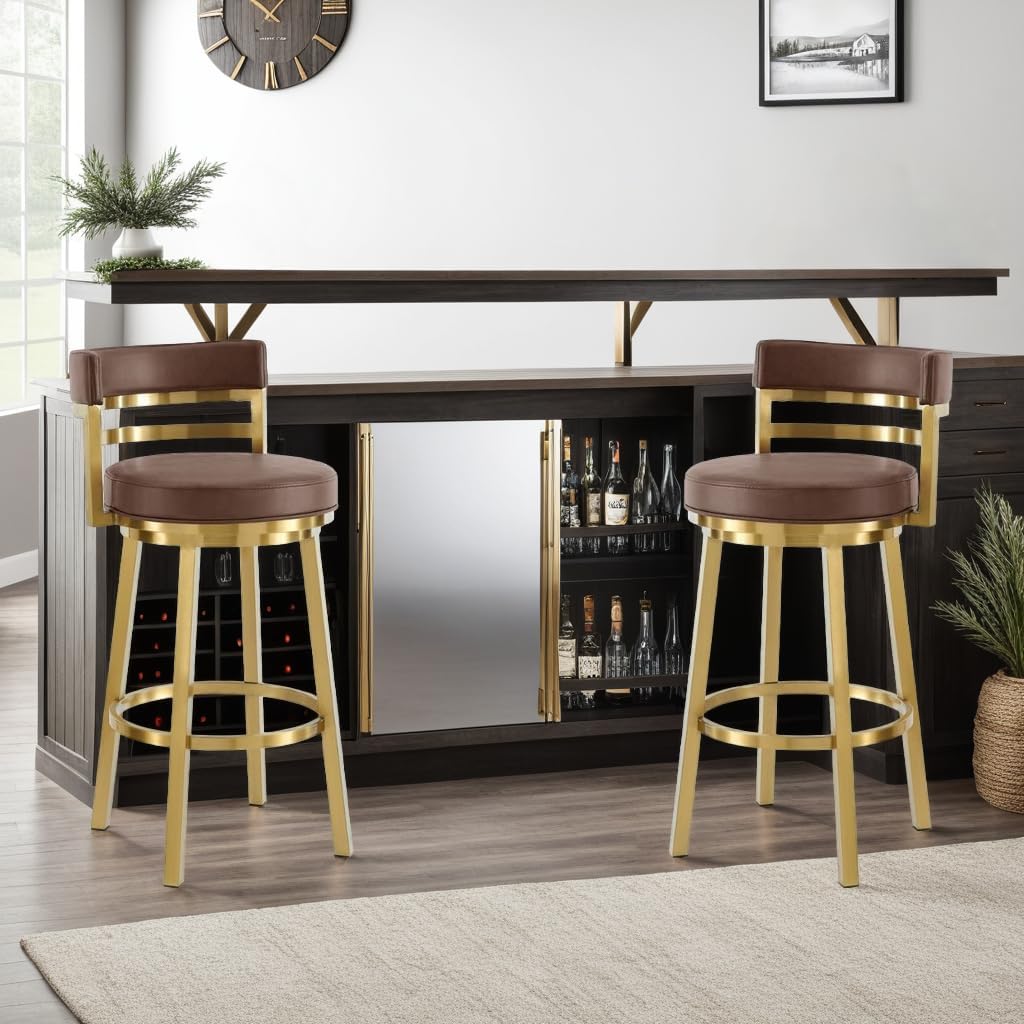 Armen Living Madrid 30" Seat Height Swivel Modern Vintage Coffee Faux Leather and Gold Brushed Stainless Steel Bar Stool for Kitchen Island Counter