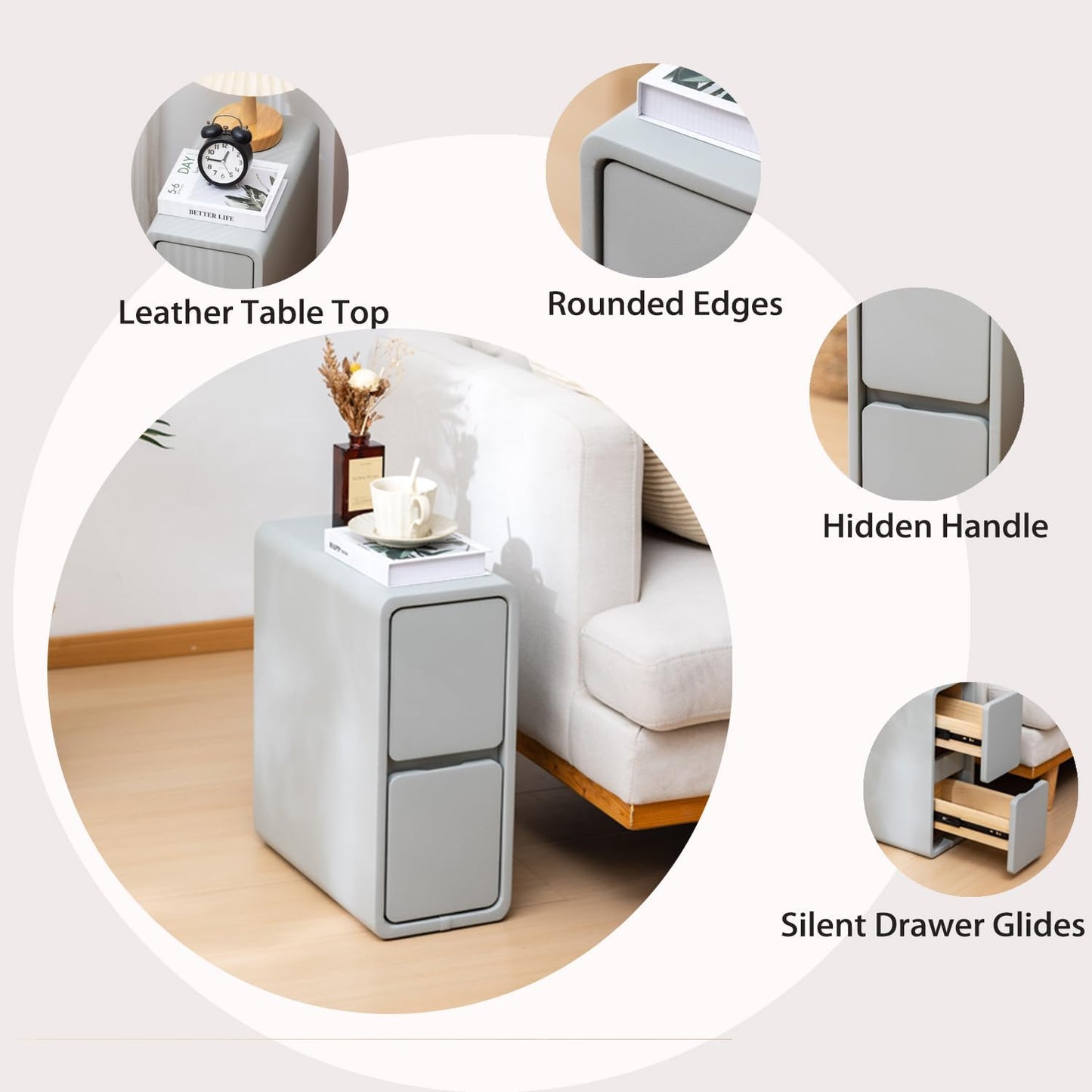 Narrow Nightstand, Solid Wood Night Stand for Small Spaces, Couch, Gray Color 7.87in Wide