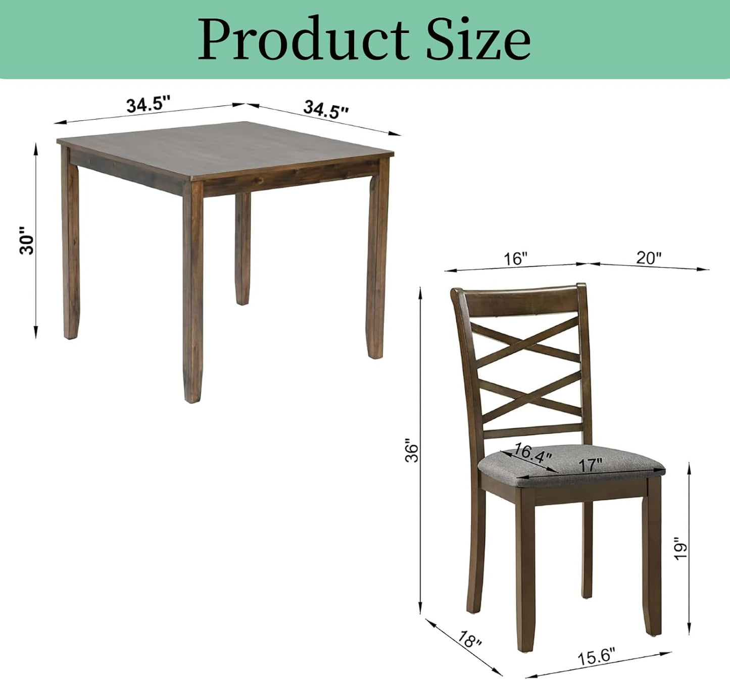 Dining Table Set, Wooden Kitchen Table Set with Square Table, 4 Flat X Backrest Upholstered Chairs, Table and Chairs with Non-Slip Feetmats for 4 People, Living Room and Kitchen, Walnut