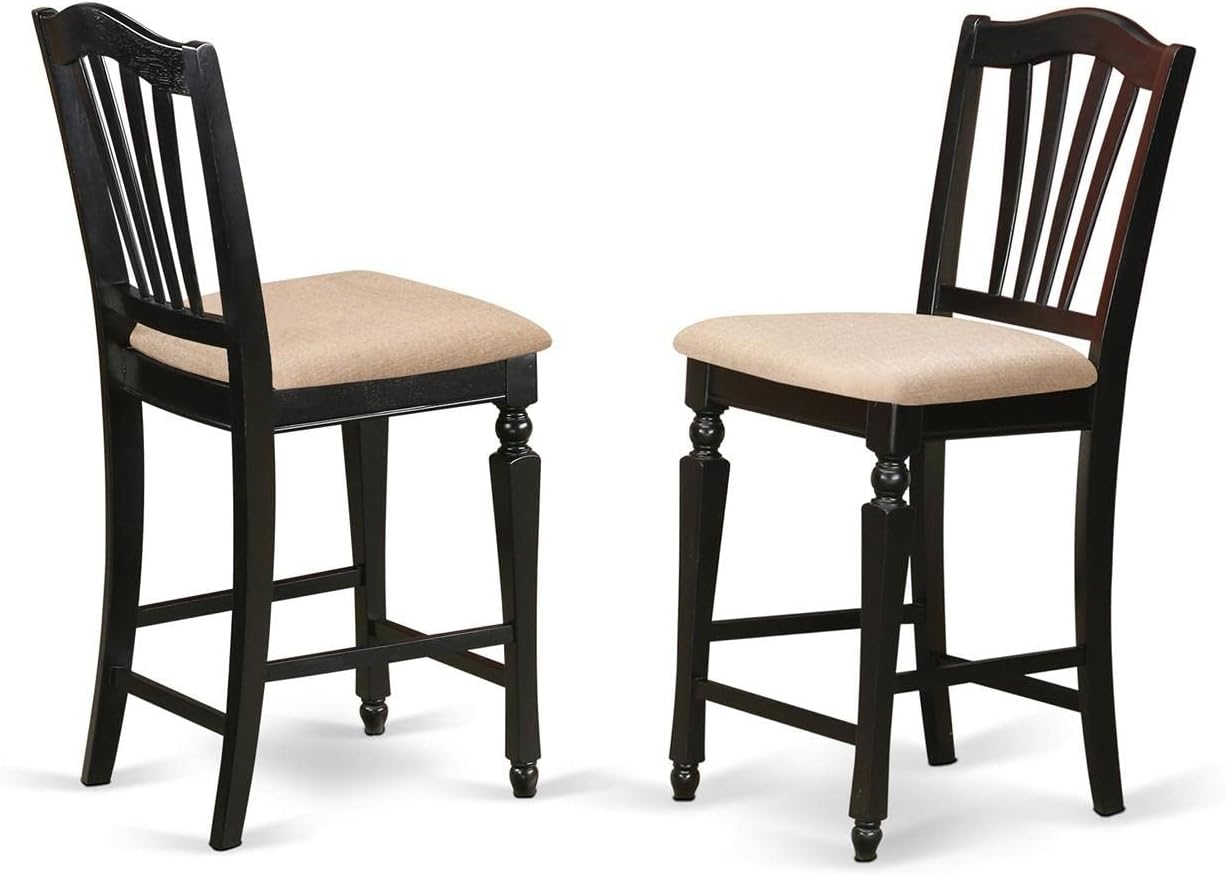 East West Furniture TRCH3-BLK-C 3 Piece Counter Height Dining Set for Small Spaces Contains a Round Kitchen Table and 2 Linen Fabric Dining Room Chairs, 42x42 Inch, Black & Cherry