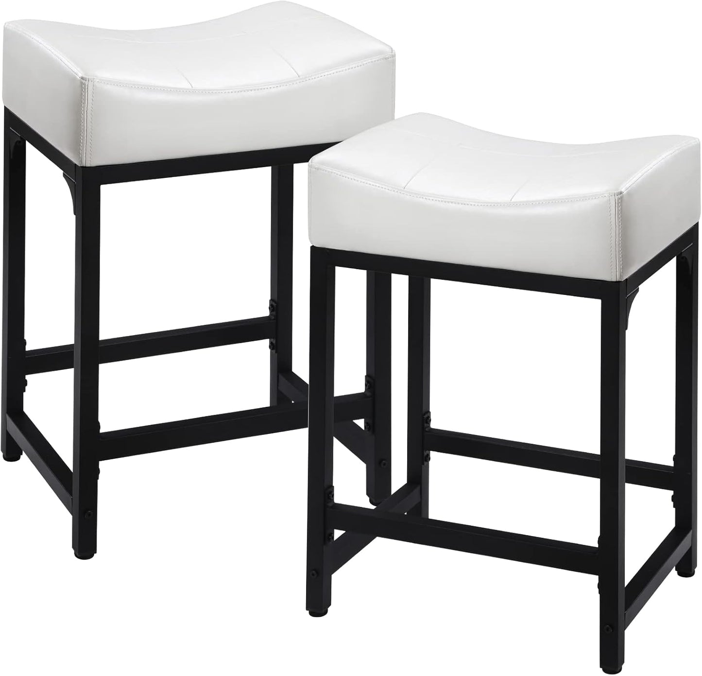 Off White Counter Height Bar Stools Set of 2, 24" White Bar Stools for Kitchen Counter with Saddle Cushion, Modern Backless Barstools Counter Stools Island Chair for Bar Kitchen