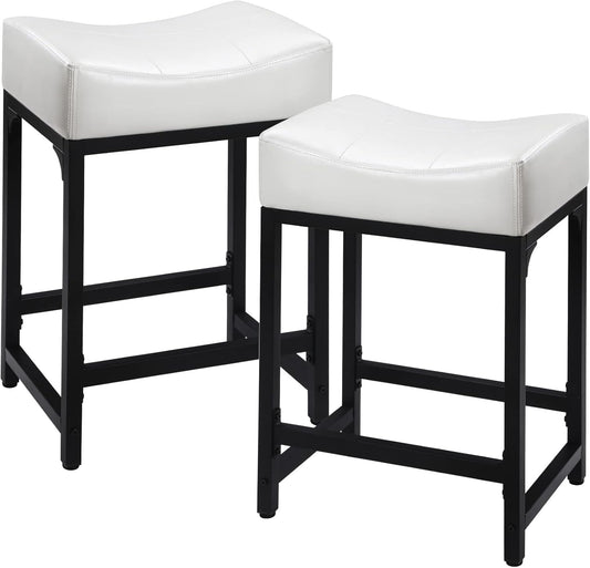Off White Counter Height Bar Stools Set of 2, 24" White Bar Stools for Kitchen Counter with Saddle Cushion, Modern Backless Barstools Counter Stools Island Chair for Bar Kitchen